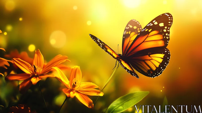 Sunlit butterfly resting gently among glowing flowers.