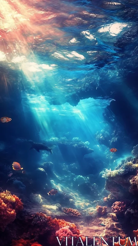 Sunlit coral reef cavern rendered in vivid digital realism