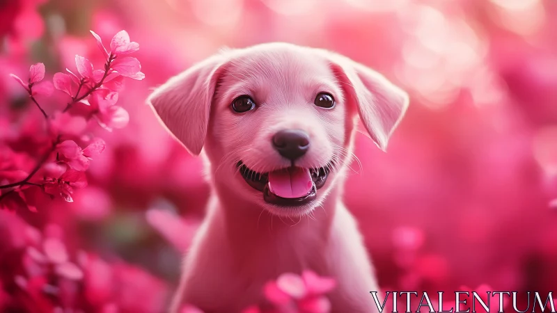 Playful puppy smiles brightly amid dreamy pink blossoms