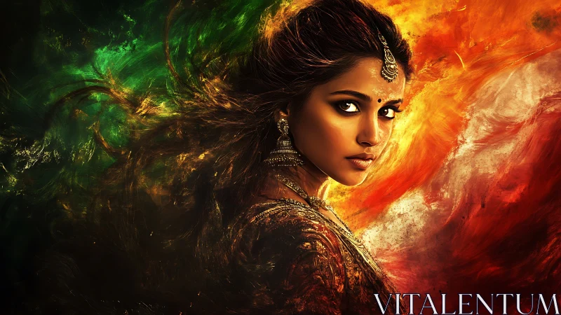 Fiery gaze of regal woman amid swirling tricolor storm.