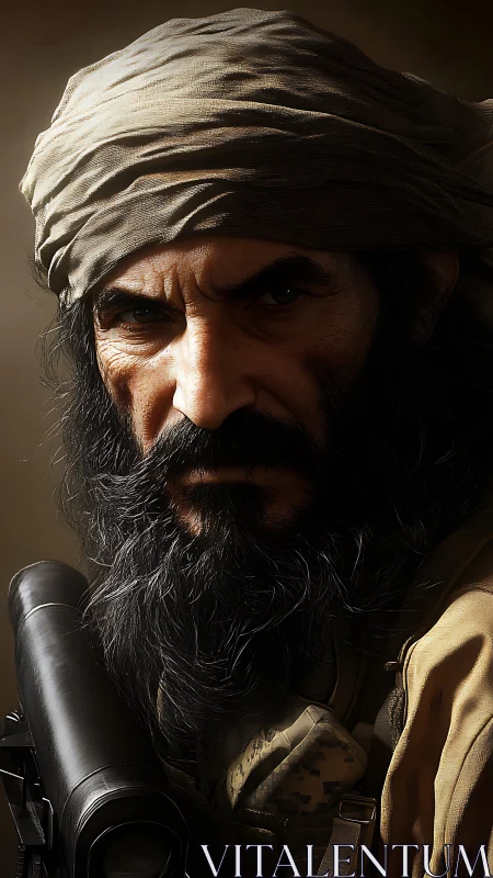 Battle-hardened bearded fighter stares with intense resolve.