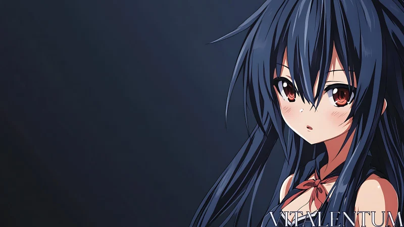 Dark-haired anime girl portrait on plain navy background.