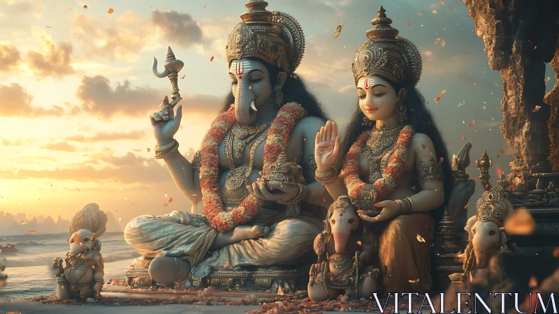 High-detail deities rendered in warm volumetric sunset lighting