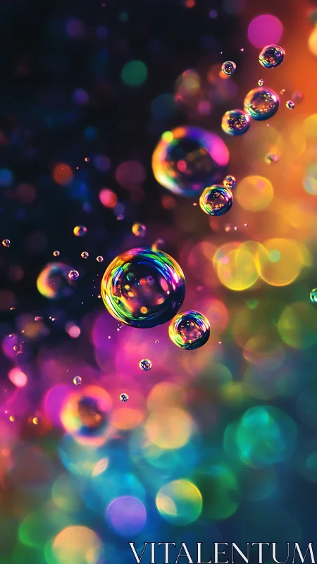 Iridescent soap bubbles drift through neon bokeh spectrum