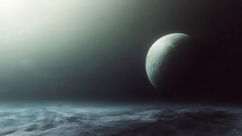 Crescent planetary body rises above an illuminated icy surface