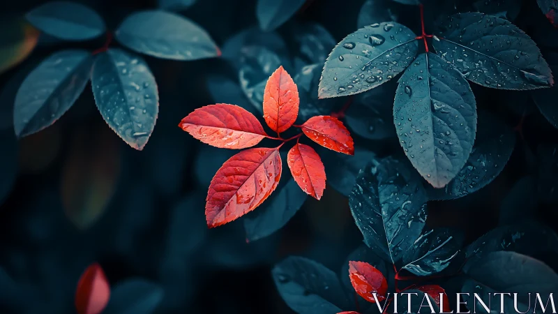 Scarlet leaves glow against deep blue foliage after rain.