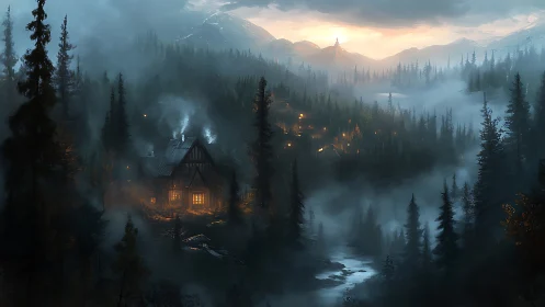 Warm cabin lights punctuate foggy alpine valley at dusk