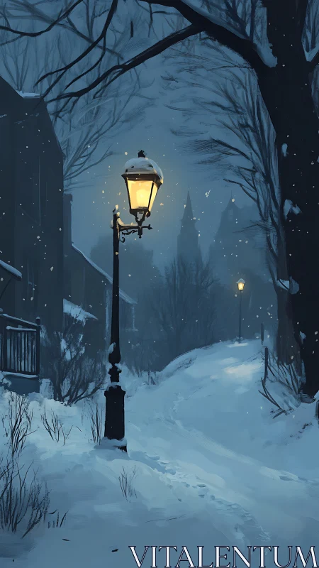 Snow covered path with streetlamps in a dim winter town.