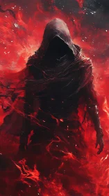 Hooded shadow walks through swirling infernal red storm
