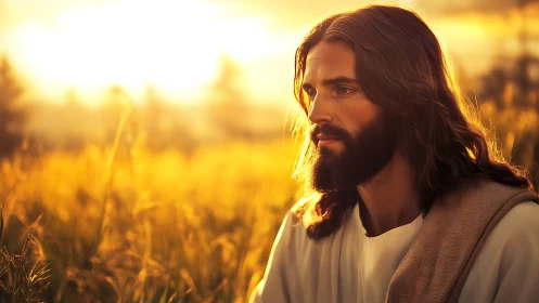 Serene robed man at sunset in glowing golden field