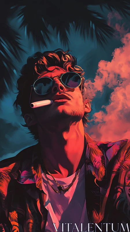 Neon-lit portrait with tropical noir lighting and smoke play.