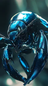 Chrome blue cyber beetle with articulated armored claws.
