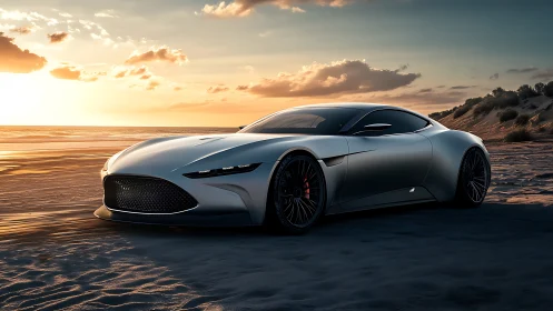 Sculpted silver supercar at sunset in photorealistic render.