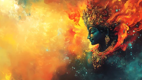 Digital painting of regal fire deity in luminous profile composition.