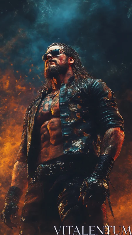 War-torn antihero rising amid blazing inferno and smoke.