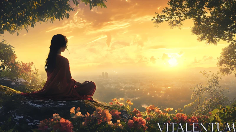 Woman on hillside overlooking city at sunset horizon.