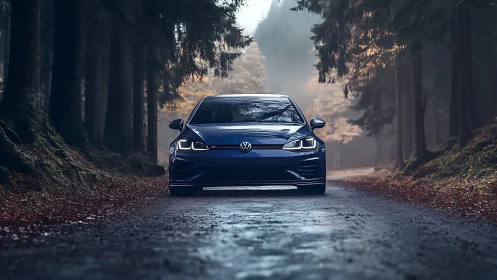 Volkswagen hatchback sits centered on wet forest road at dusk