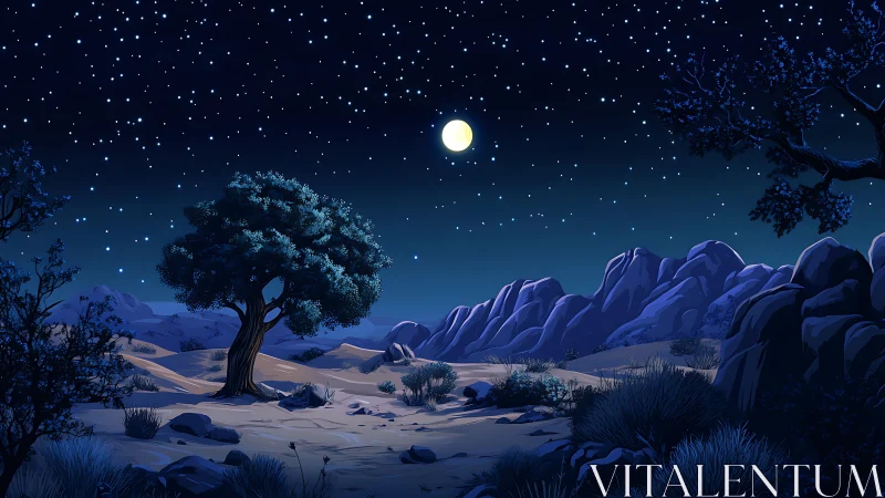 Moonlit desert valley rests beneath a calm starlit sky