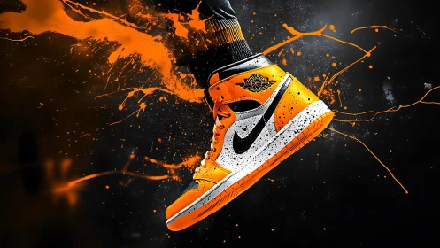 Bold orange sneaker splash capturing motion and energy.