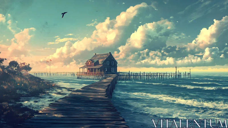 Wooden pier structure extends toward a coastal house