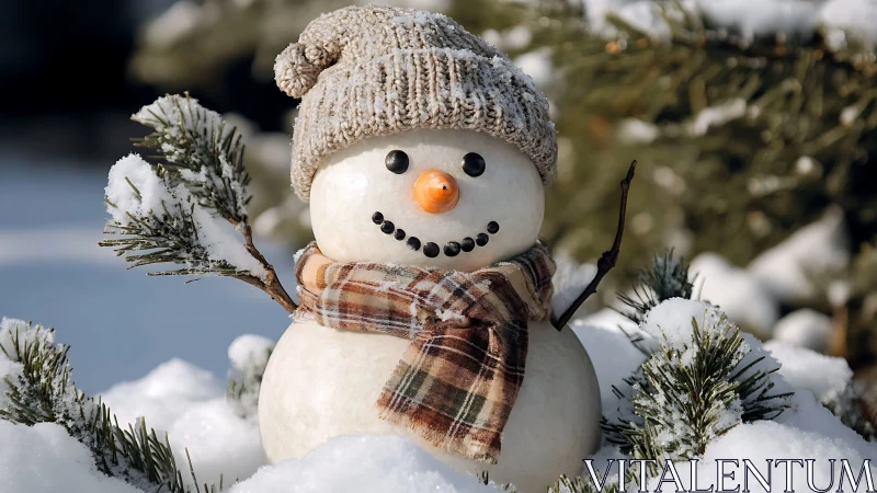 Cozy snowman smiles warmly in a peaceful winter garden