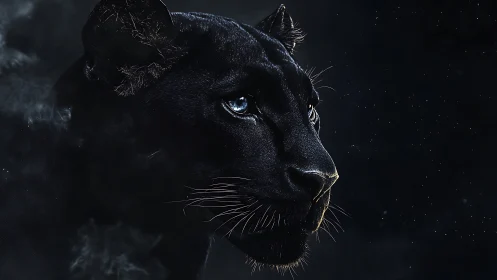 Black Panther Portrait with Luminous Eyes Against Atmospheric Darkness
