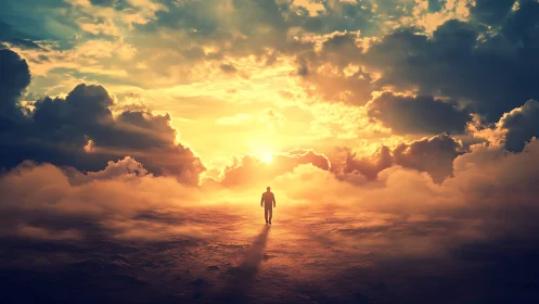 Solitary dreamwalker crossing a blazing horizon of clouds.