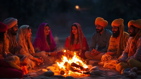 Punjabi friends in traditional attire enjoying bonfire, warm evening.