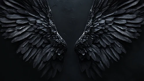 Dark angel wings spread wide against textured black wall.