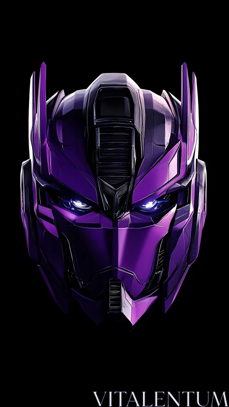 Purple robotic helmet front view on black background.