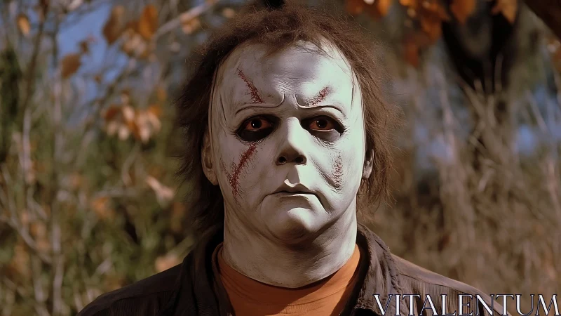 Masked figure with scarred face stands outdoors in daylight