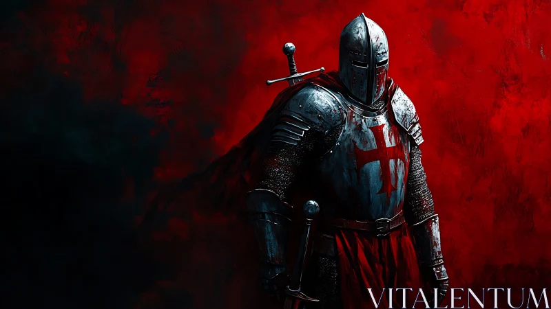 Armored crusader knight stands against intense red backdrop.