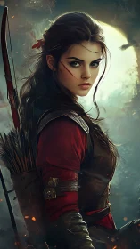 Female archer in leather armor before bright full moon.