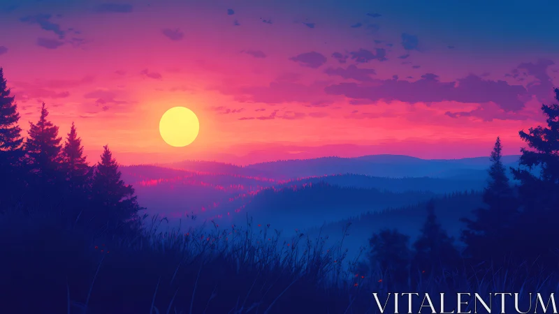 Neon dusk sun over layered forest mountainscape panorama.