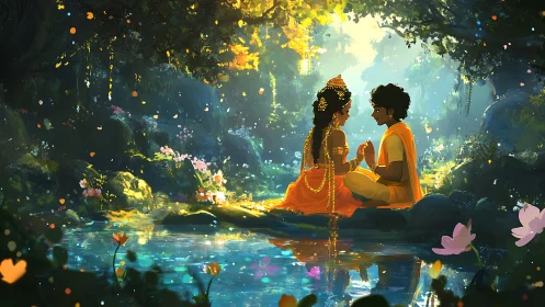 Romantic couple seated by forest pond in glowing sunset.