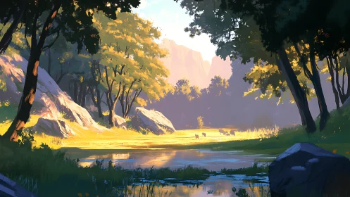 Digital Forest Landscape with River and Morning Light