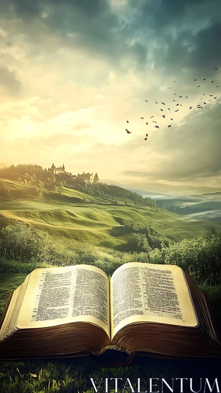 Open book on green hillside under wide dramatic sky.