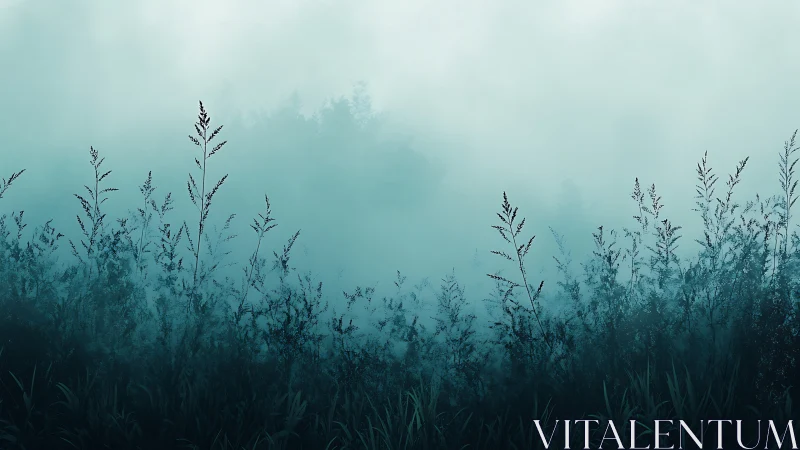 Mist-drenched grasses rise against pale teal morning fog