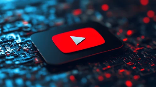 Rectangular media play button rests on defocused circuitry