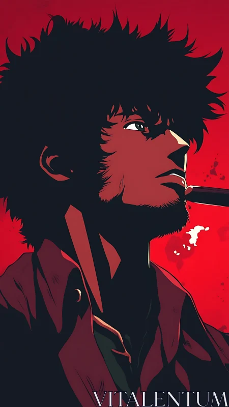 Angular cel-shaded profile of solitary smoker in crimson field.