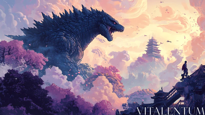 Large reptilian creature confronts human near stylized temple