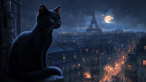 Nocturnal Urban Feline: Atmospheric Digital Rendering of Black Cat Overlooking Parisian Cityscape