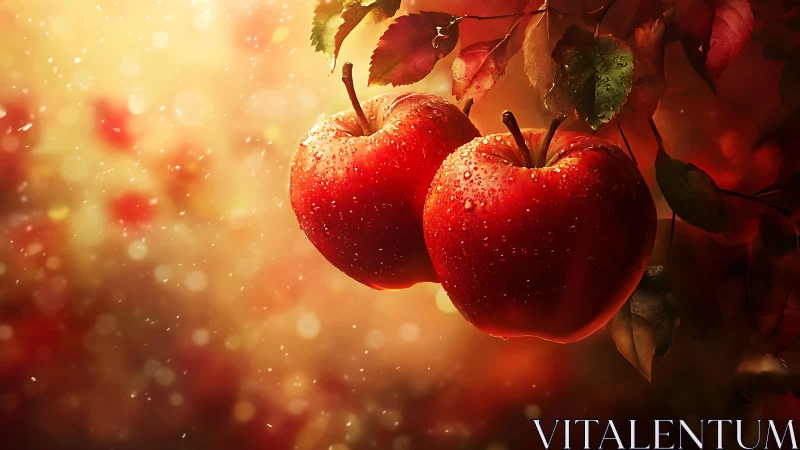Twin dewy apples glow in warm autumn orchard light.