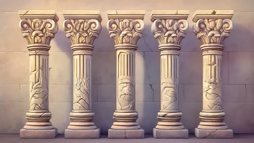 Classical Corinthian stone colonnade in digital painting style.