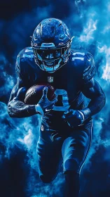 Blazing gridiron comet sprints through electric blue storm.