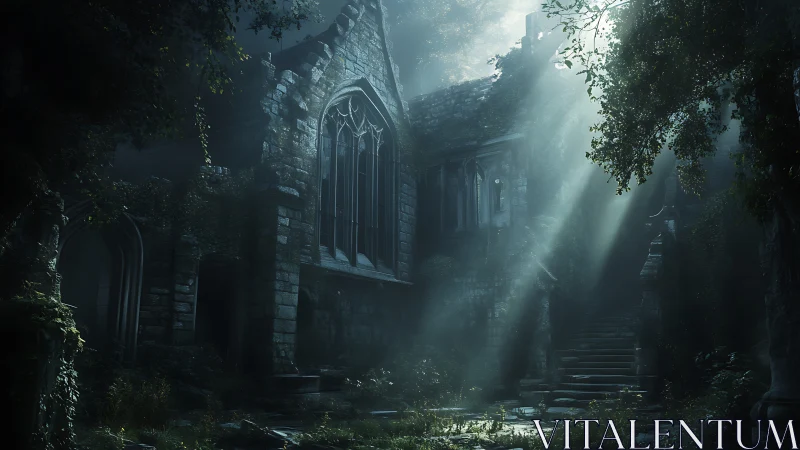 Moonlit ruin where quiet stone halls meet drifting light.