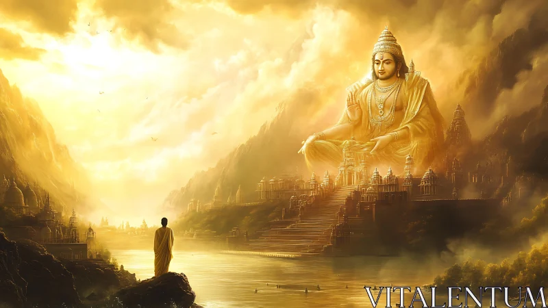 Golden river journey toward a radiant mountain deity.