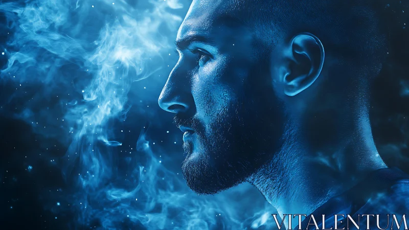 Stargazing mind in electric blue nebula smoke portrait.