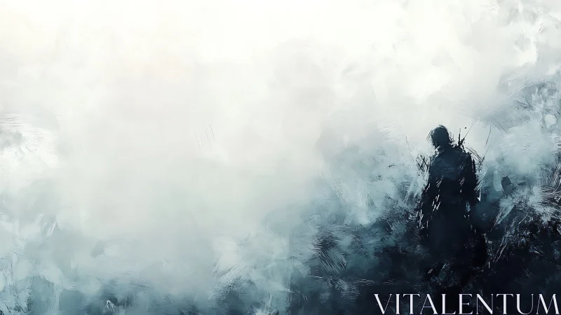 Solitary silhouetted figure dissolving into misted abstraction.