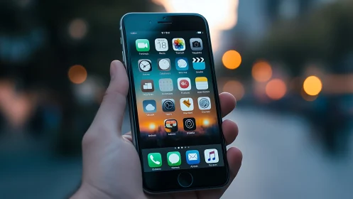 Modern smartphone displaying vibrant app interface at golden hour